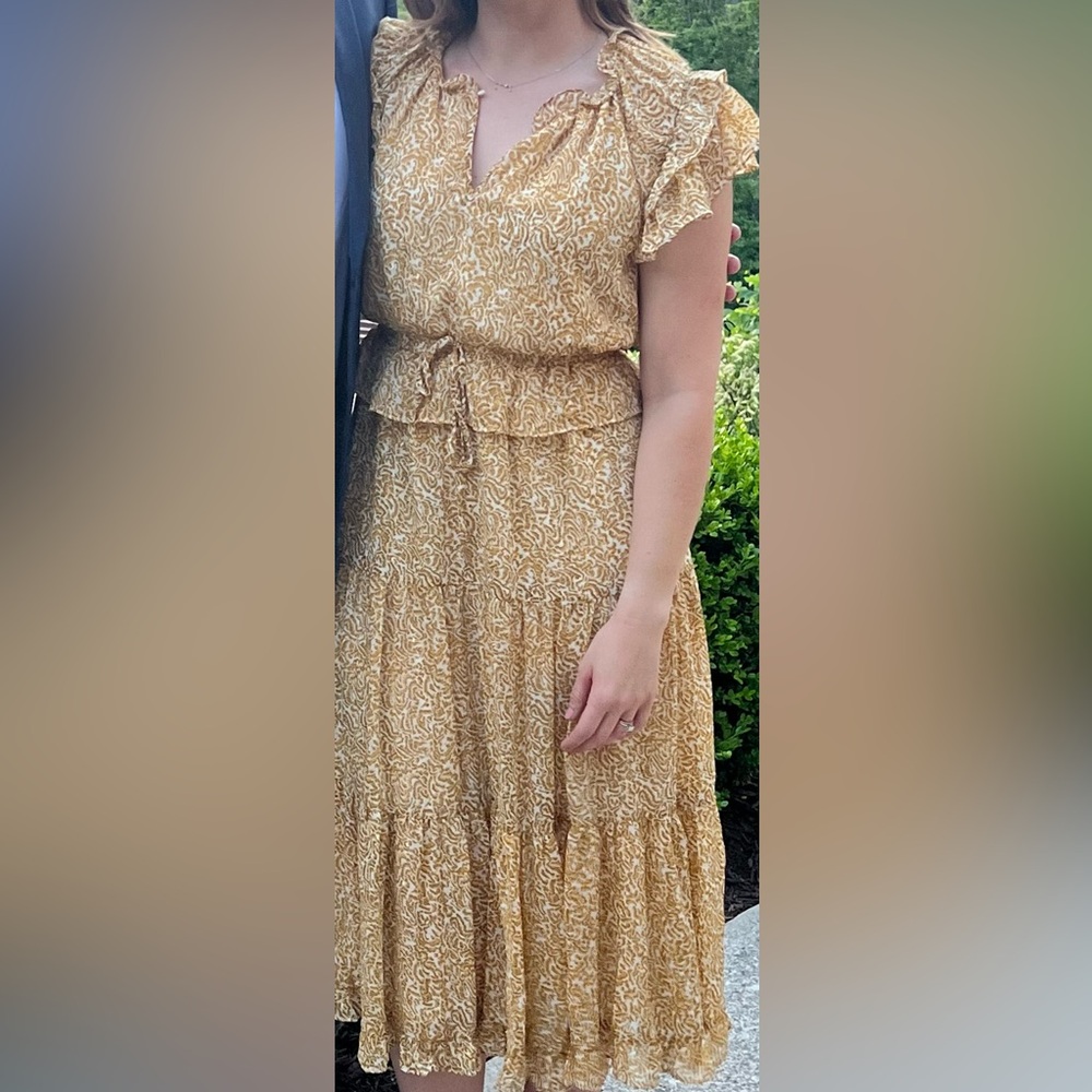 Yellow Ruffle Midi Dress with Metallic Threading